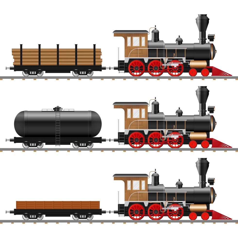 Locomotora de vapor antigua y vagones. vector