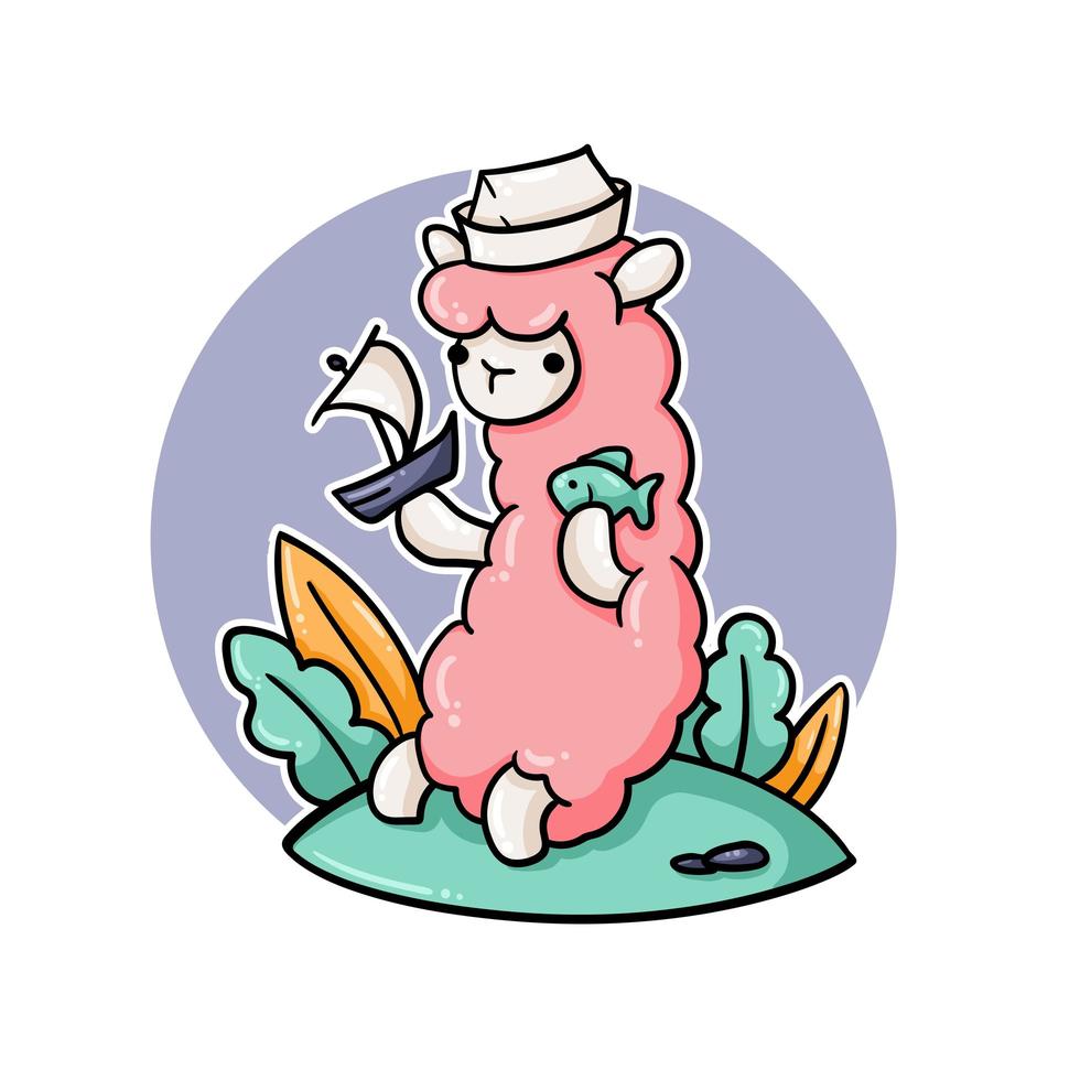 Cute llama with sailor hat playing   vector