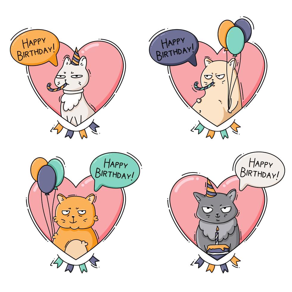 Set of birthday icons with funny cats vector