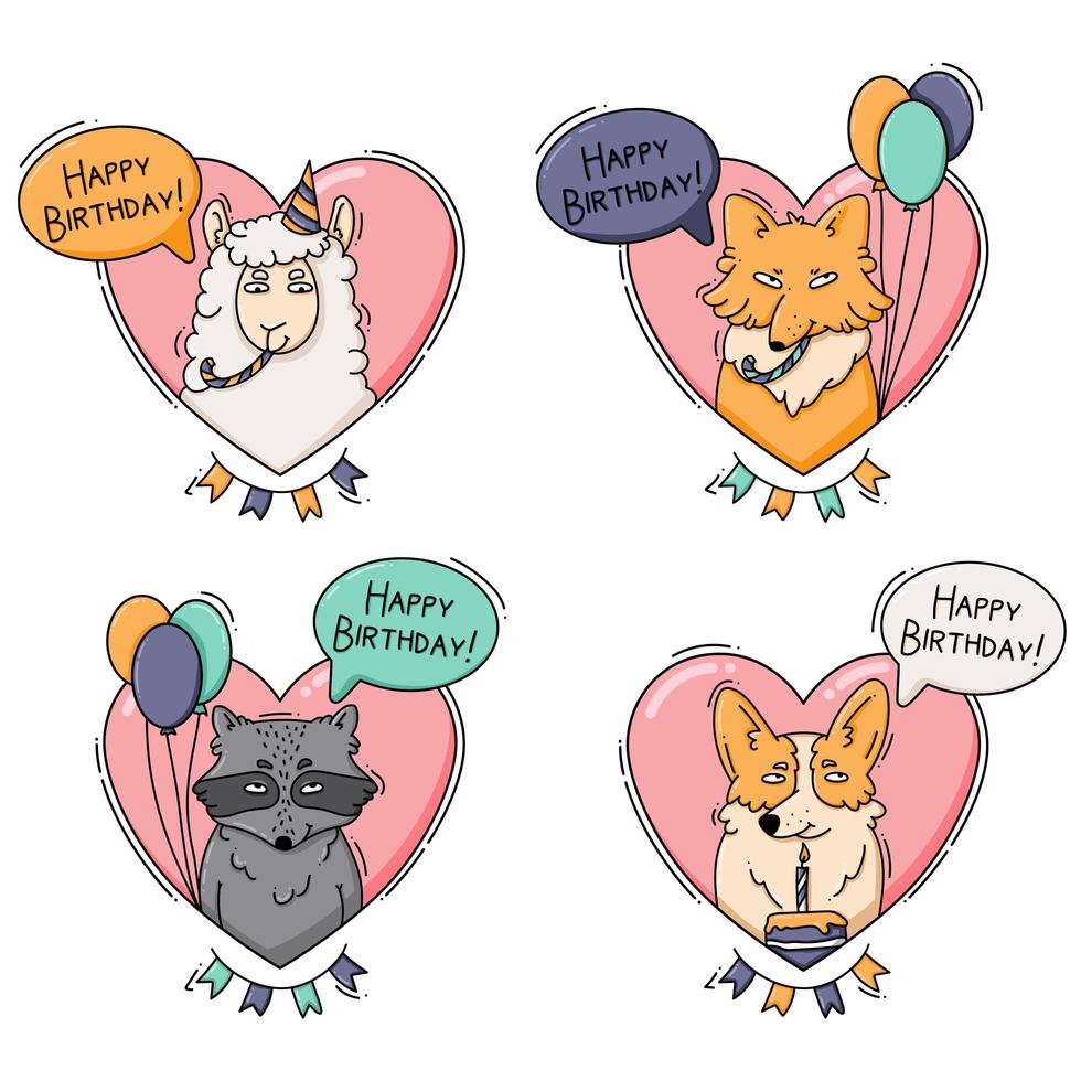 conjunto de iconos de cumpleaños con animales y corazones vector