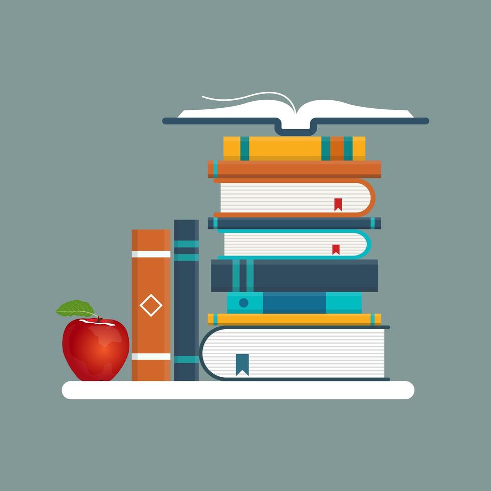 libros y manzana en un estante vector