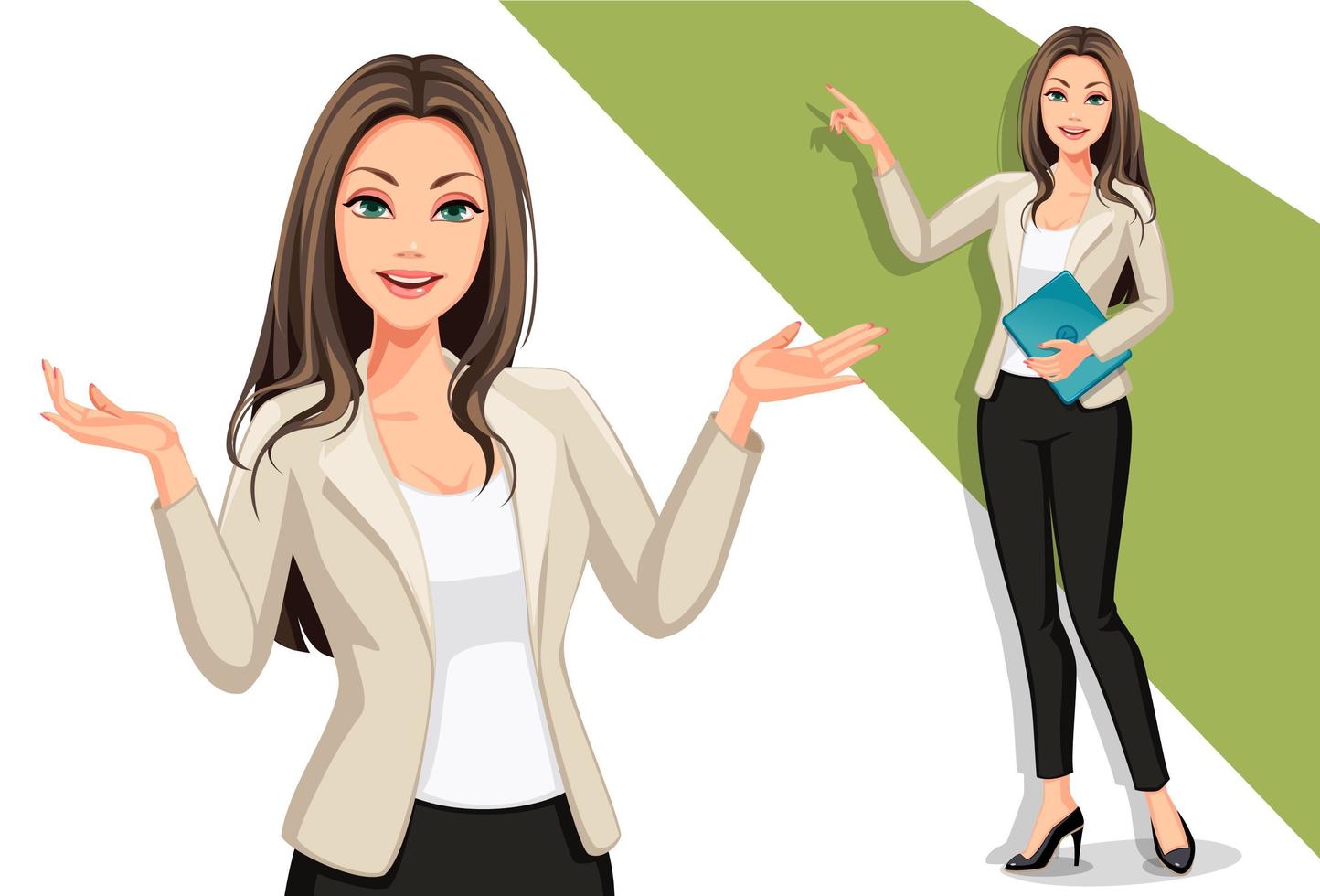 Stylish businesswomen in a presentation pose set vector