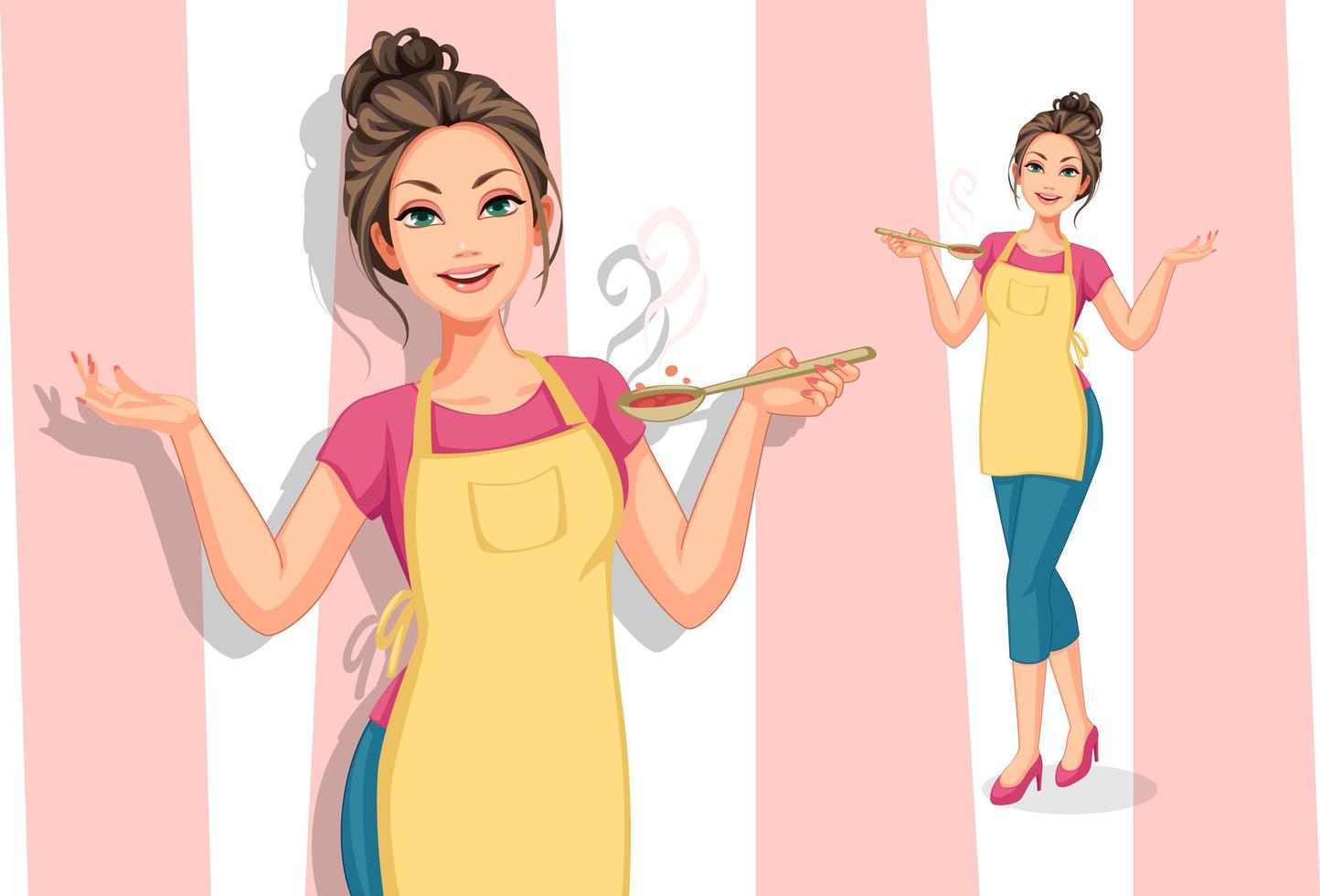 Woman wearing an apron and holding a big spoon vector