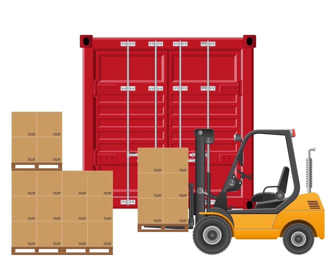 Yellow forklift loading cargo container vector