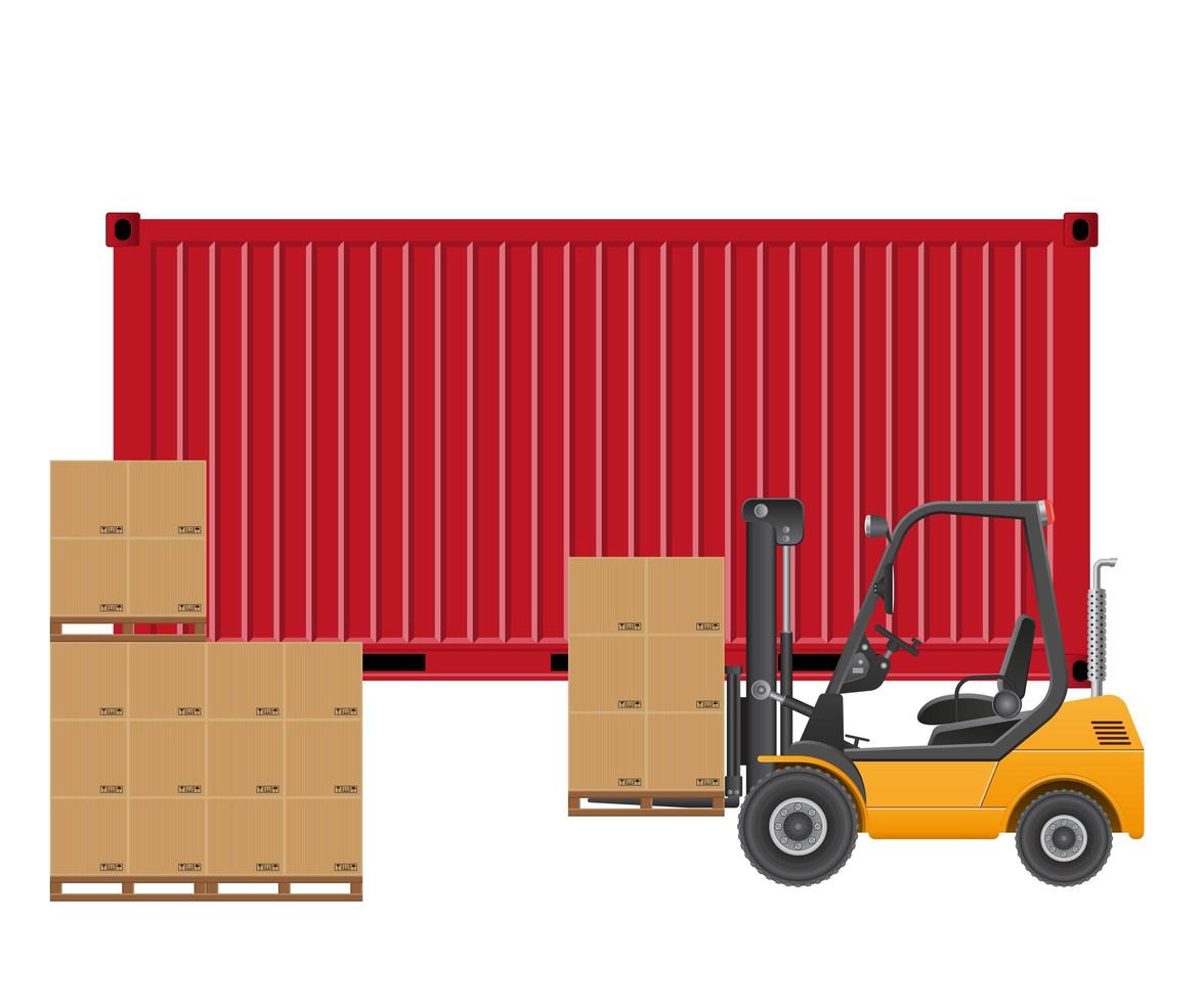 Forklift loading cargo container isolated vector