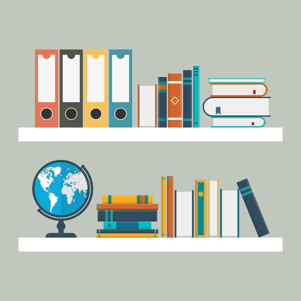 Two white shelves with books in flat style vector