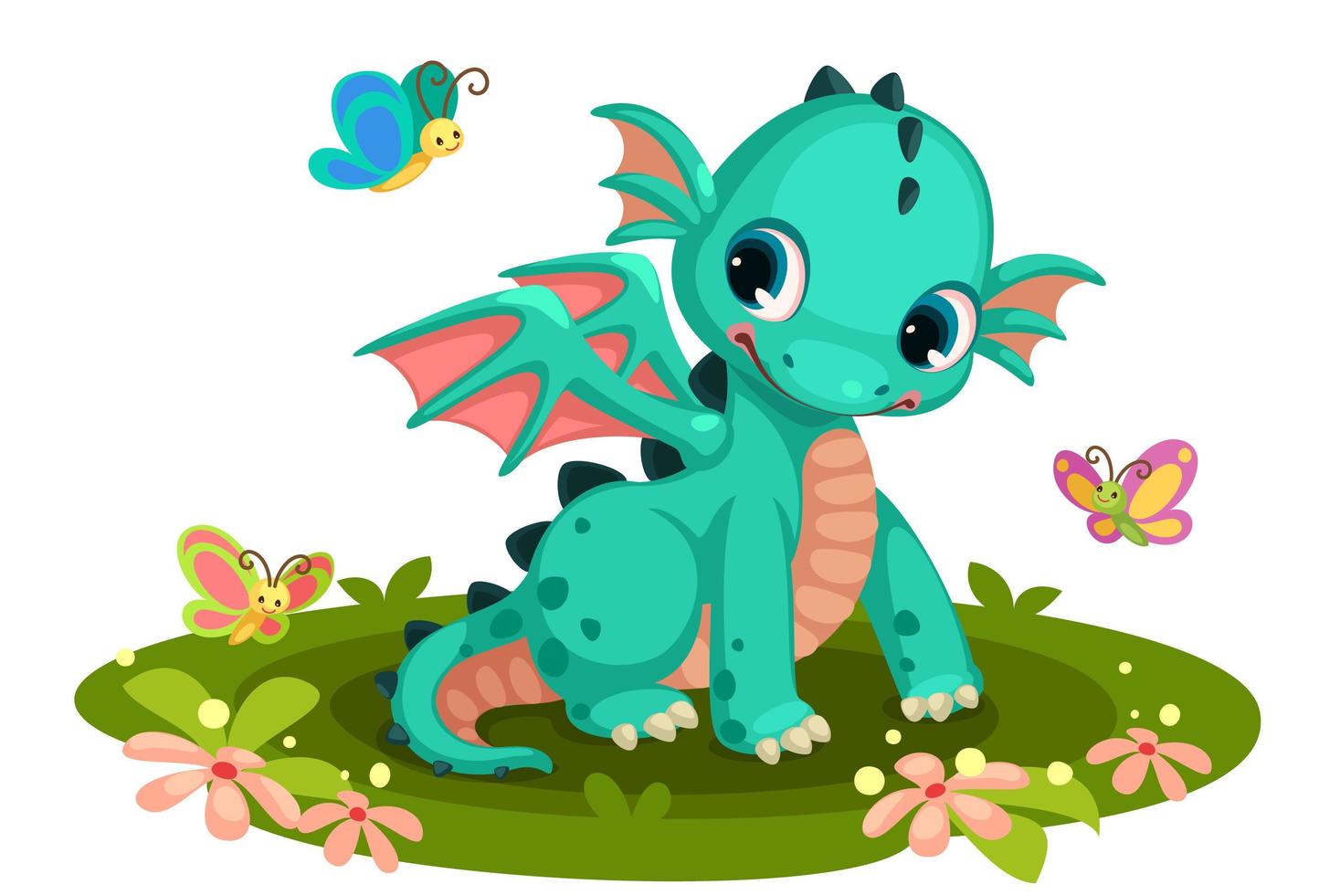 Cute green baby dragon with butterflies vector