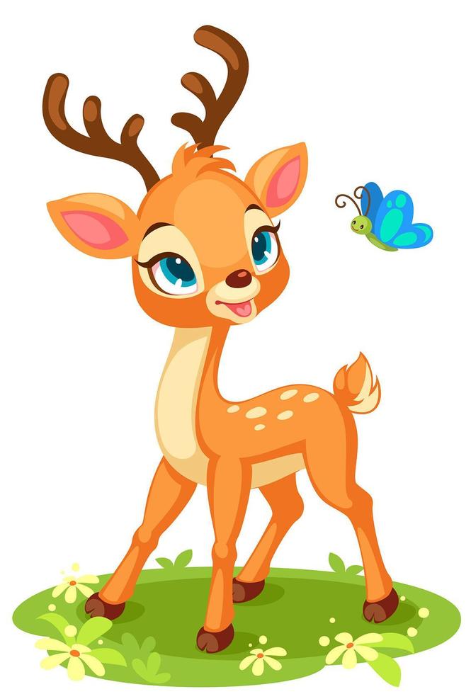 Cute baby deer looking at a butterfly vector