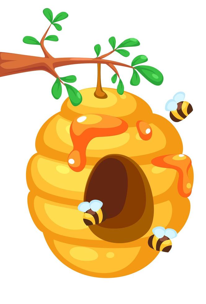 linda colmena de abejas en el árbol vector