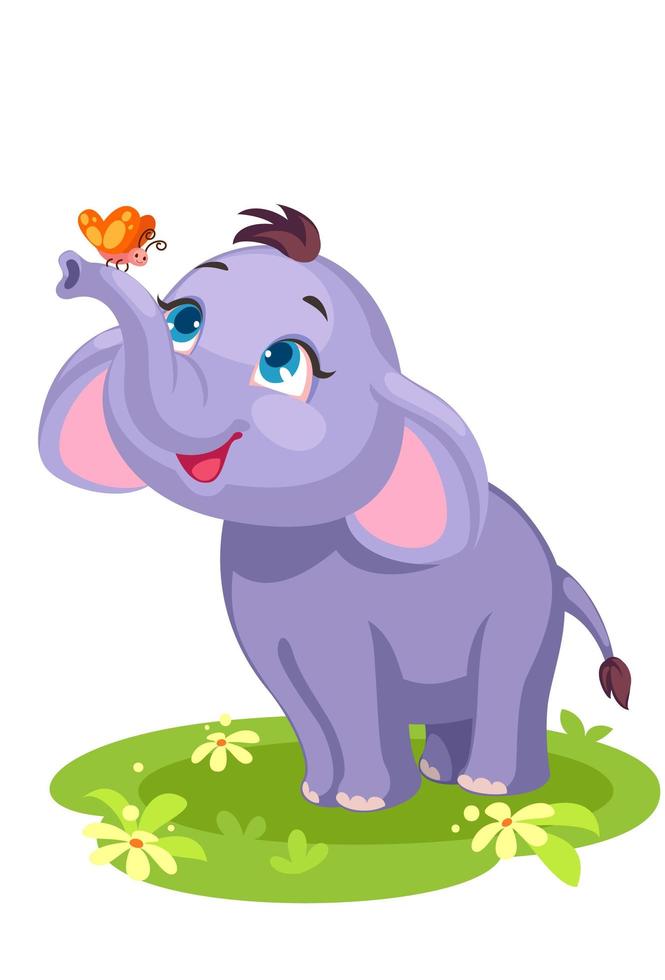 lindo bebé elefante jugando con una mariposa vector