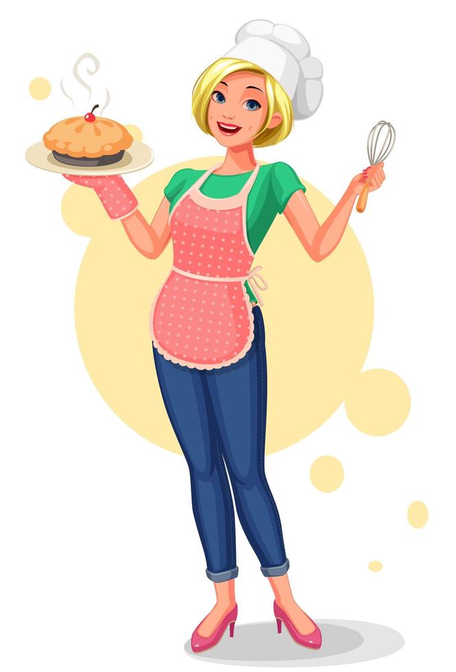 Mujer feliz con gorro de cocinero, sosteniendo un pastel vector