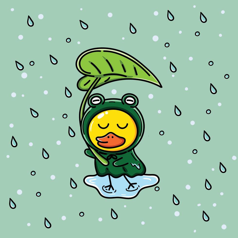 pato en poncho de rana bajo la lluvia vector