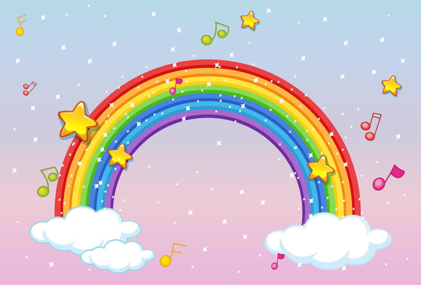 arco iris con tema musical y brillo sobre fondo de cielo pastel vector