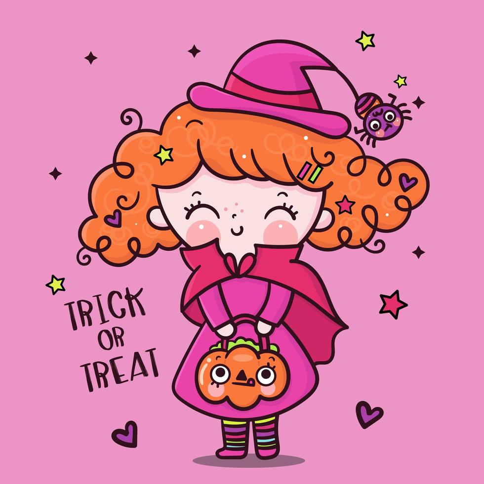 Cute Halloween girl witch with pumpkin candy holder vector