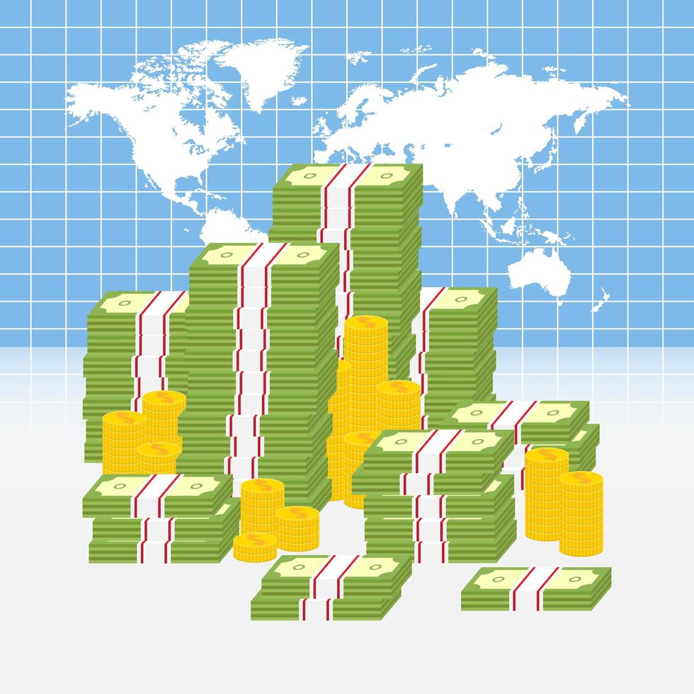 mapa del mundo con montones de dinero vector