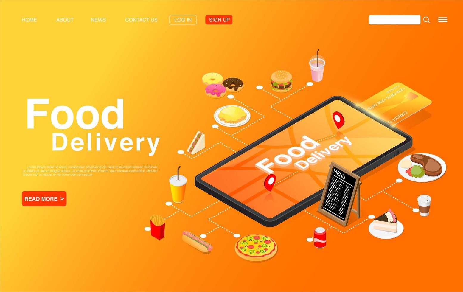 Isometric Ordering Food Online on Mobile Landing Page vector