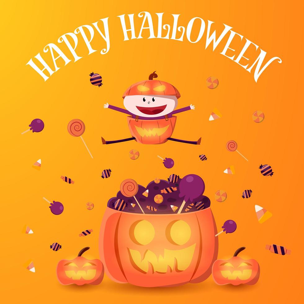 Happy kid in pumpkin costume jumping over candy vector