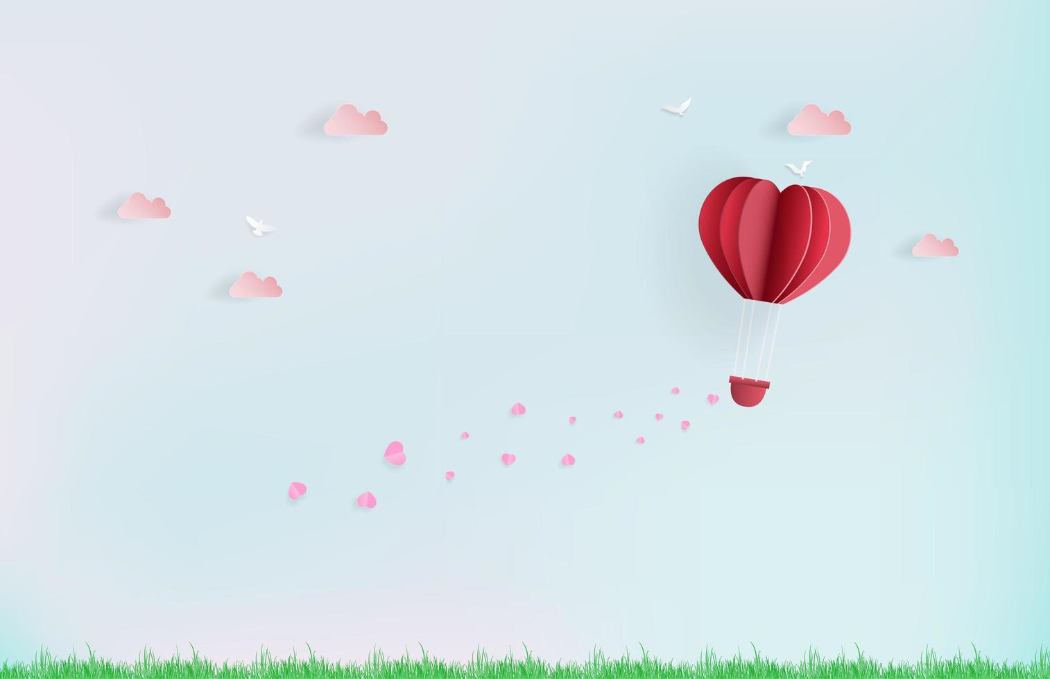 Balloon flyingin sky with pink hearts and clouds vector