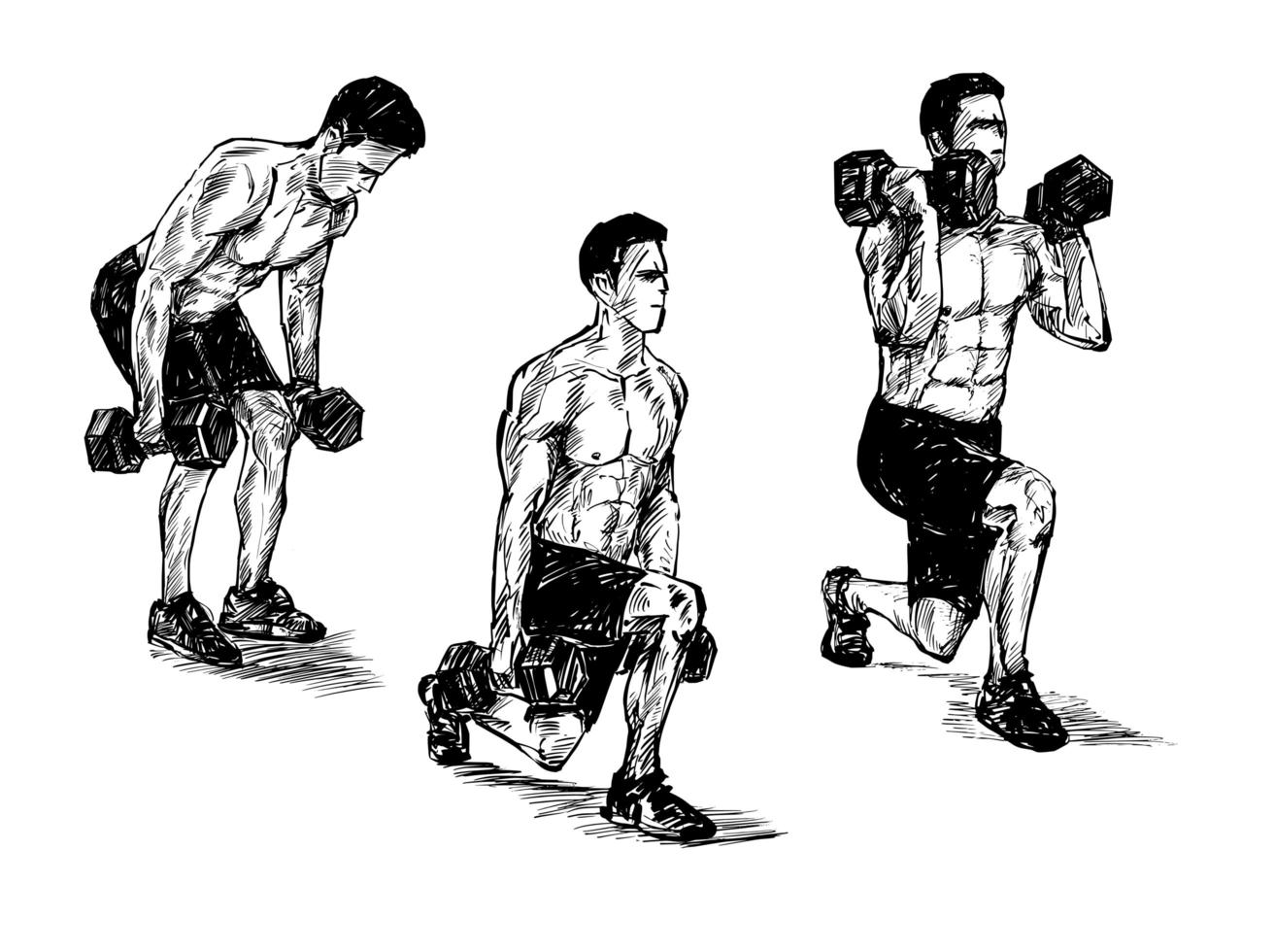 Boceto dibujado a mano de hombre haciendo ejercicio con mancuernas vector