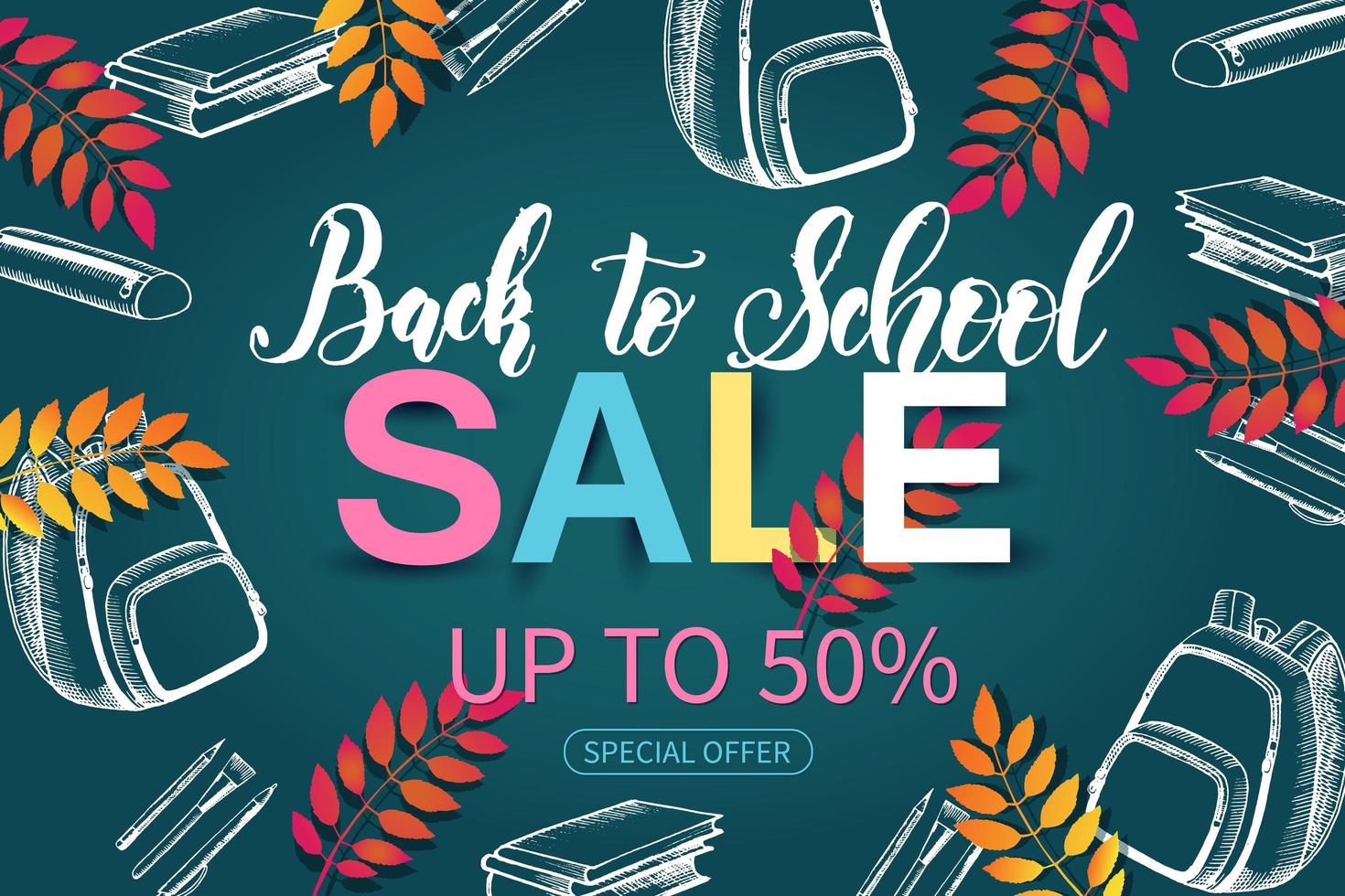 Colorful back to school sale banner with sketch elements vector