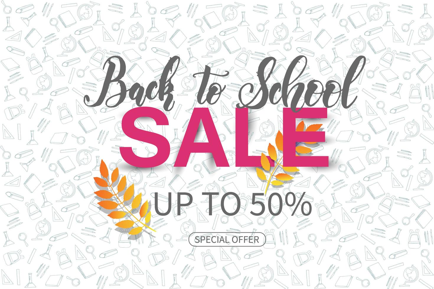 Back to school sale banner with leaves and pattern vector