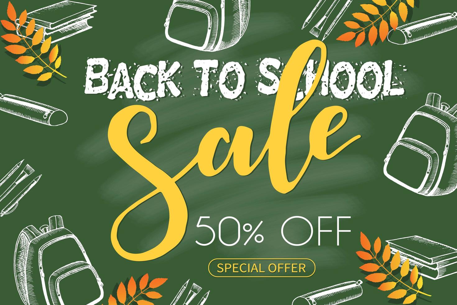 Back to school sale chalkboard with hand drawn symbols vector