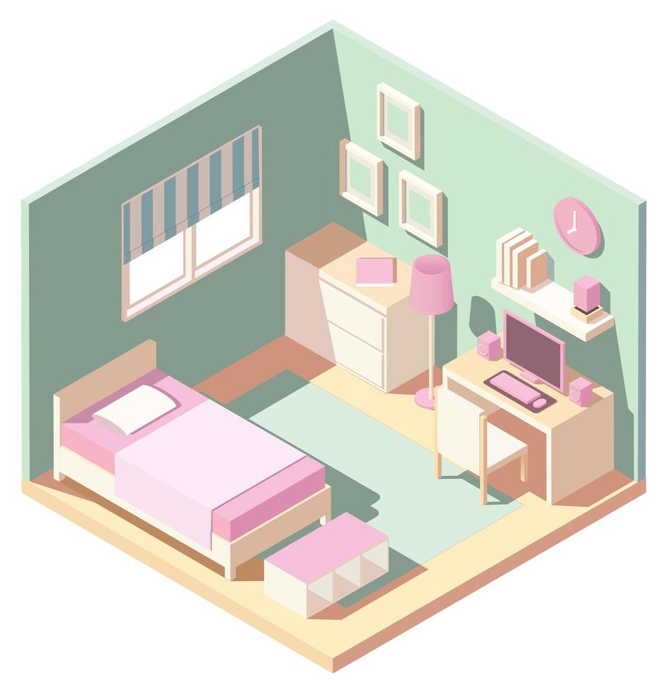 dormitorio isométrico rosa y verde vector