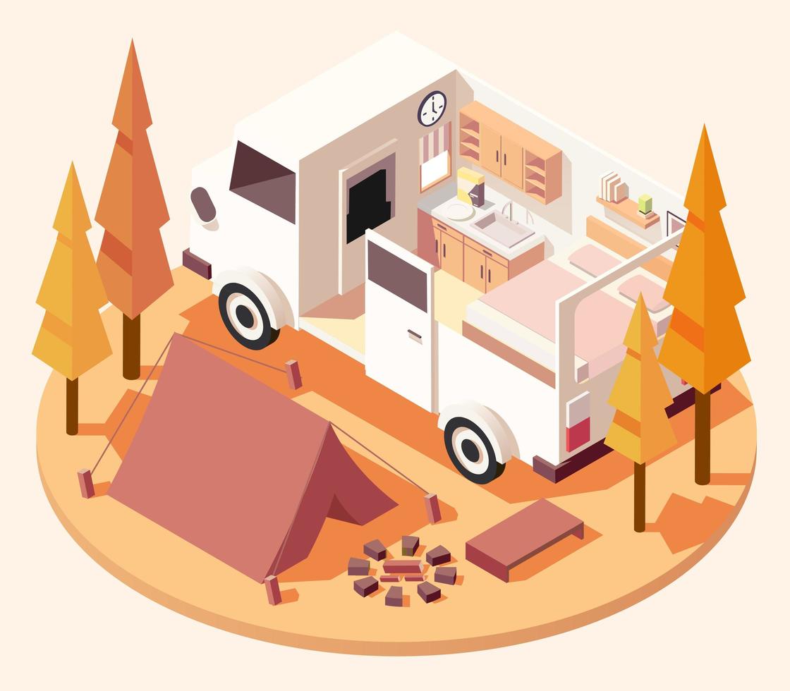 Camper van isometric composition vector