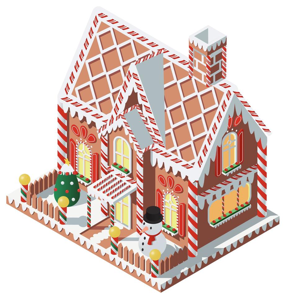 Isometric gingerbread house with snowman vector