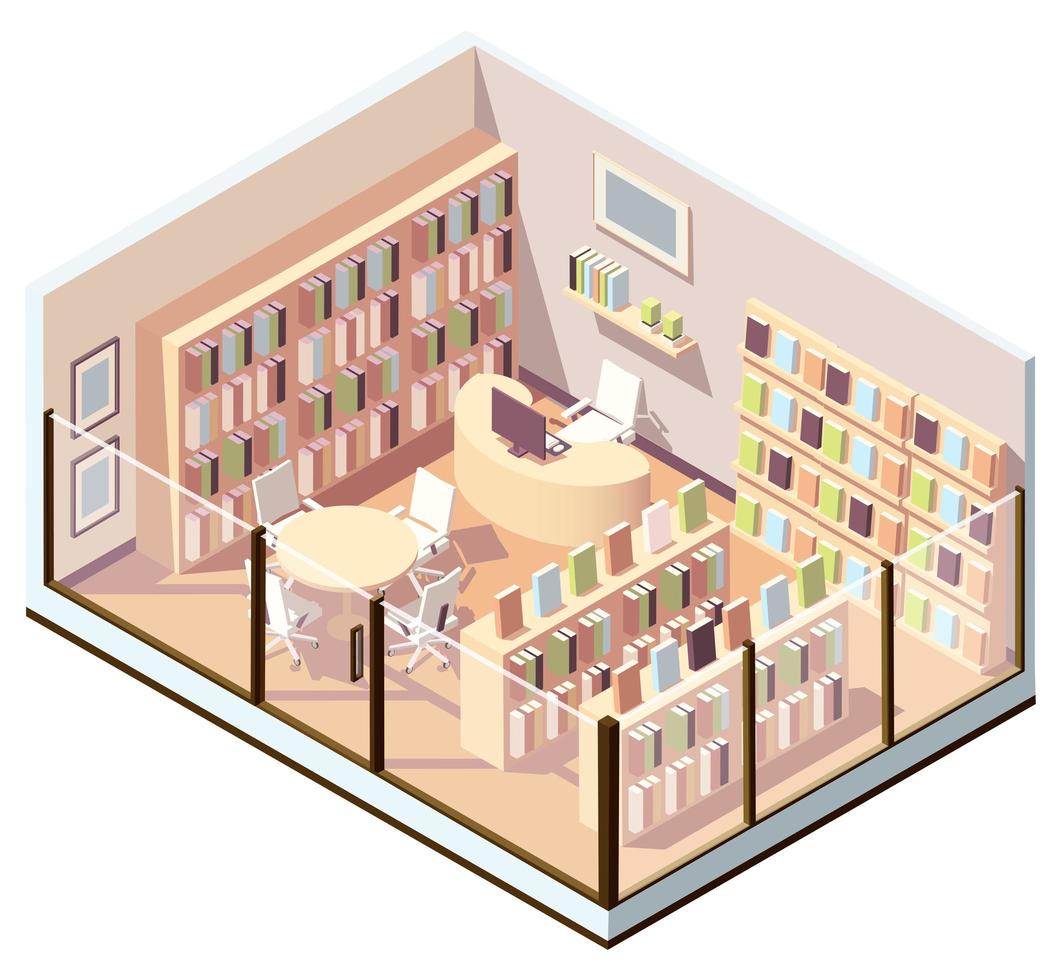 Interior isométrico de librería o biblioteca. vector
