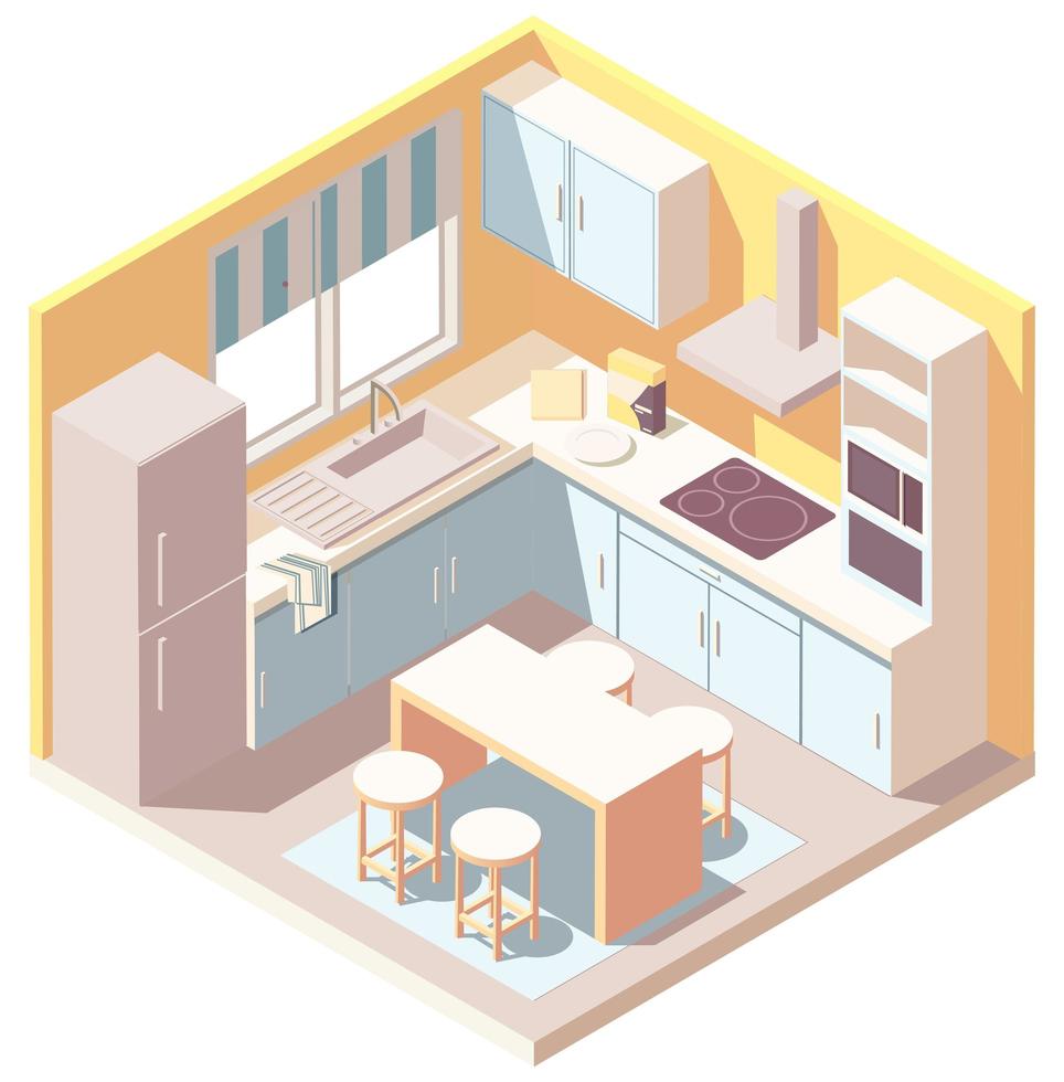 Isometric yellow and blue kitchen interior  vector