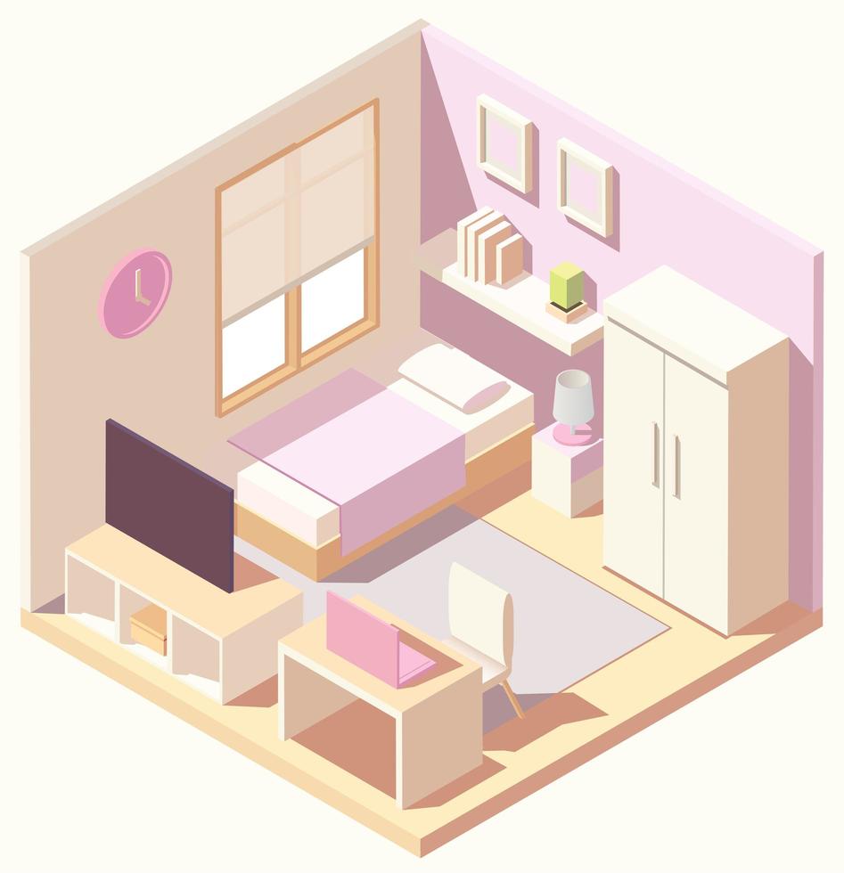 dormitorio rosa moderno isométrico vector