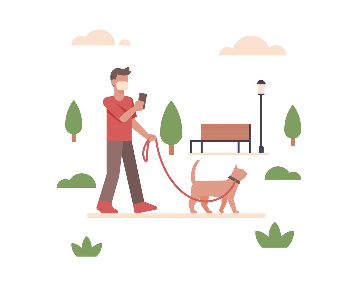 Man wearing face mask and walking his cat in public vector