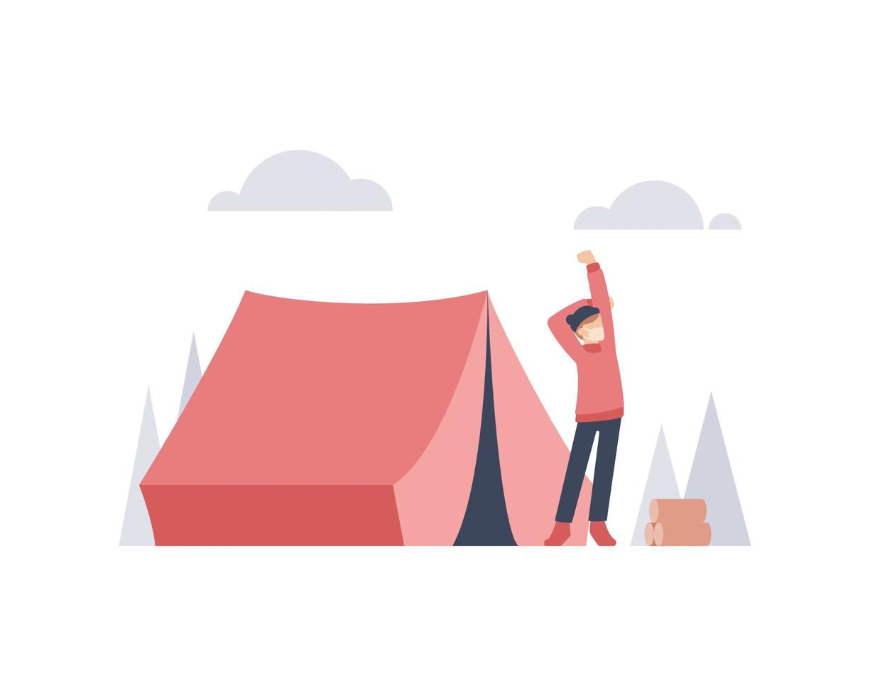 Person stretching in front of a tent outdoors vector