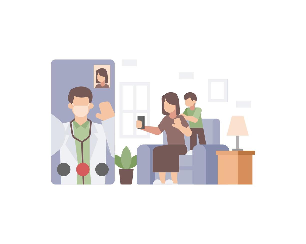 Doctor doing a video call with his family via smartphone vector