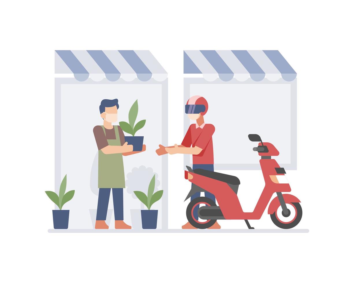 Small business owner sending plant via online courier vector