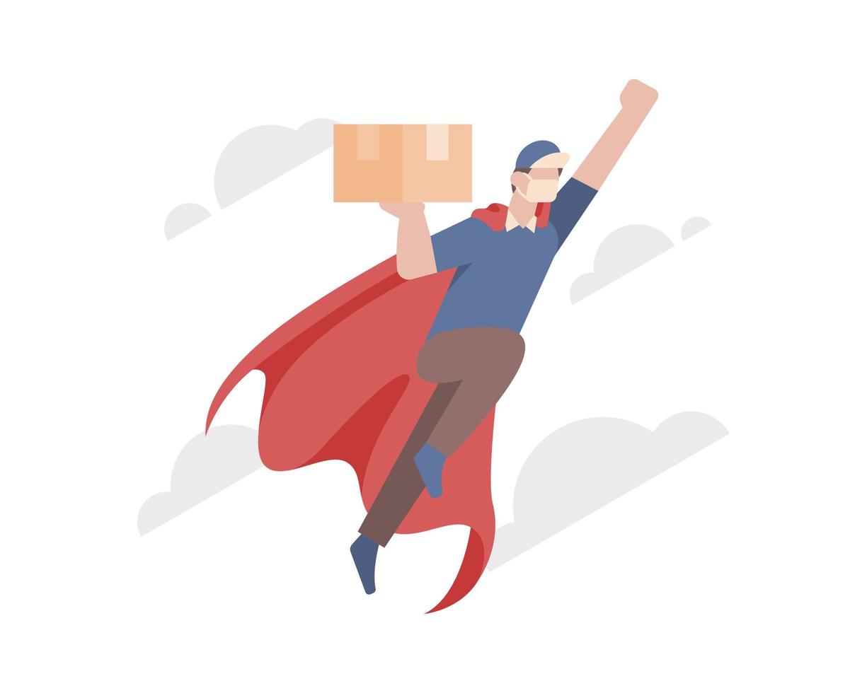 Delivery man flying and wearing red cape and face mask  vector