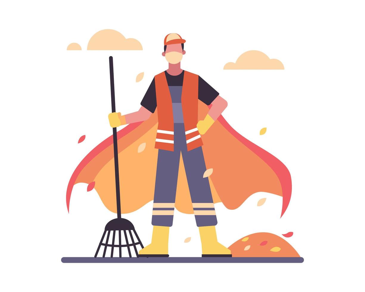 A janitor wearing a red cape and a face mask vector