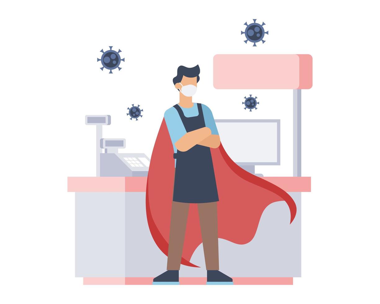 Cashier wearing mask and cape in super hero pose vector