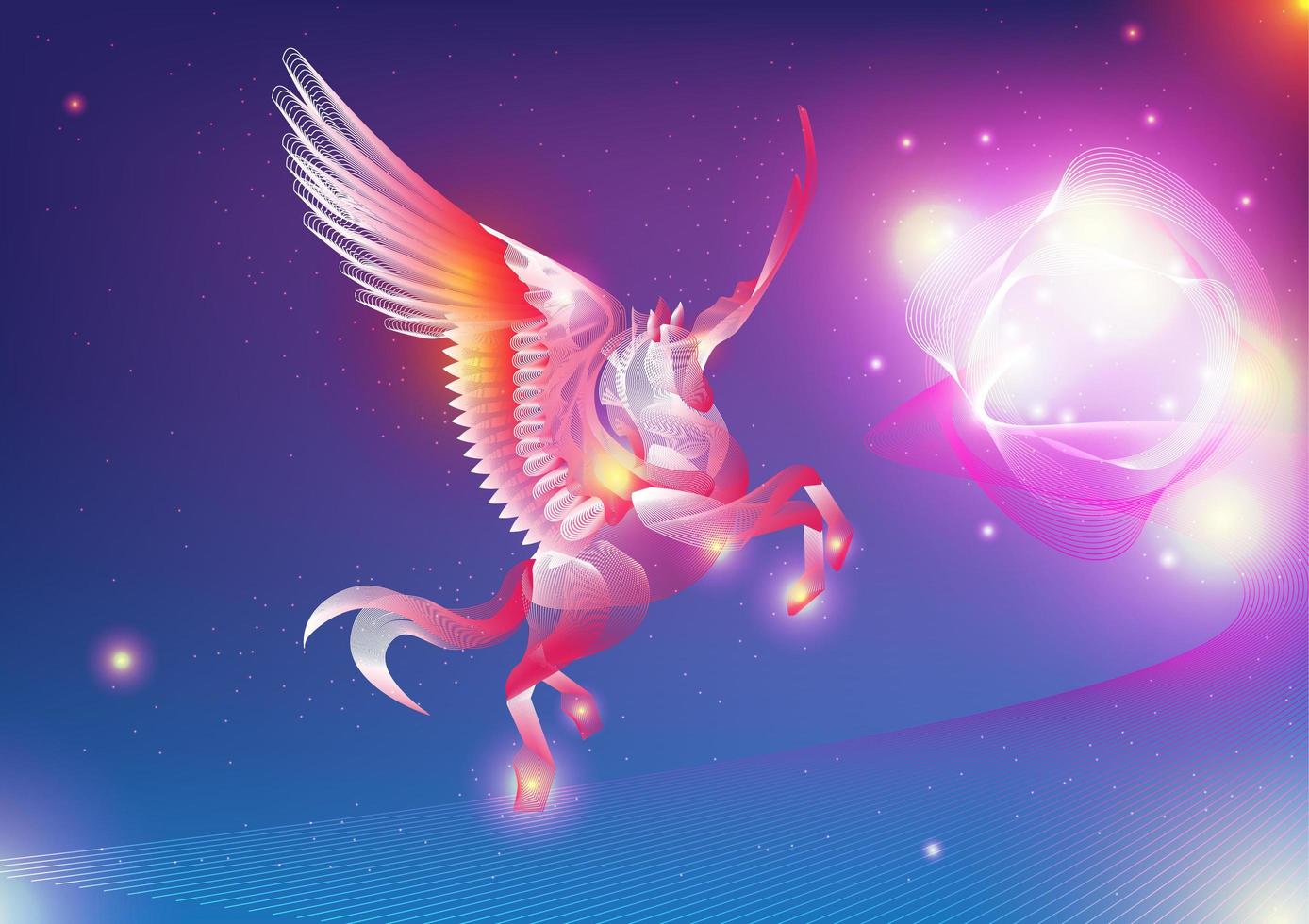 Glowing colorful pegasus in galaxy vector