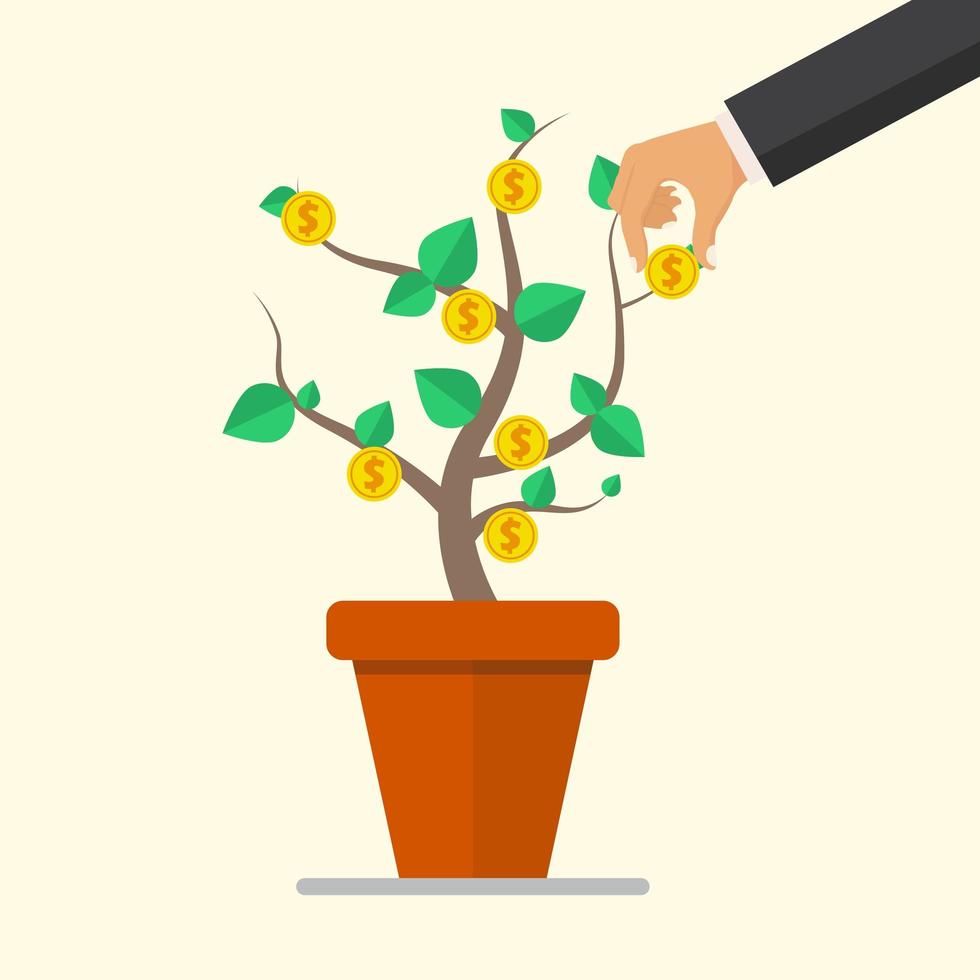 Hand picks a coin from money plant. vector