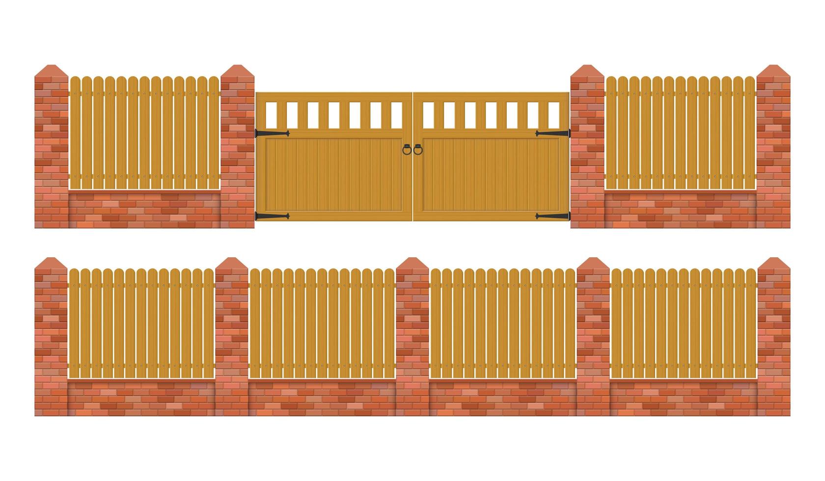 Rustic brick fence with wooden gate  vector