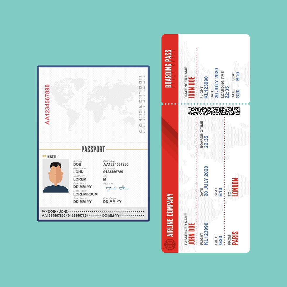 pasaporte y tarjeta de embarque aislados vector