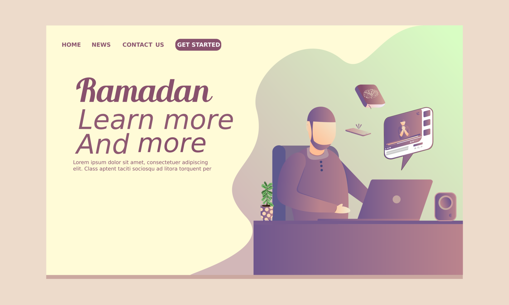 Ramadan Landing Page with Man Watching Video Online vector