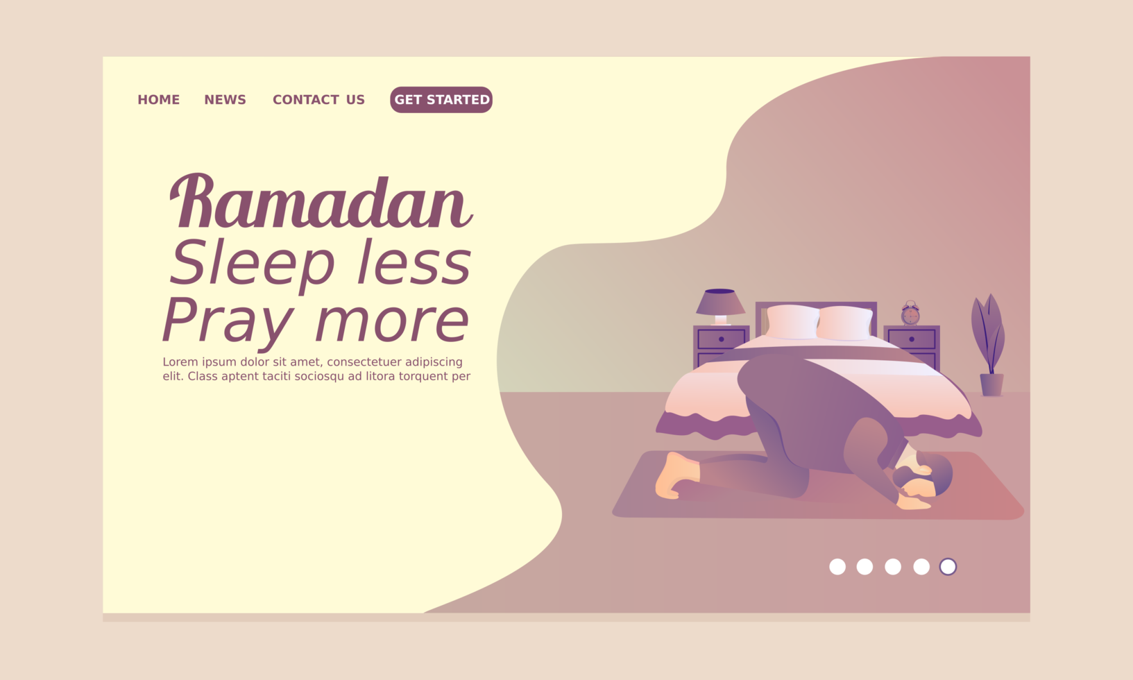 Ramadan Landing Page with Man Praying in Bedroom vector