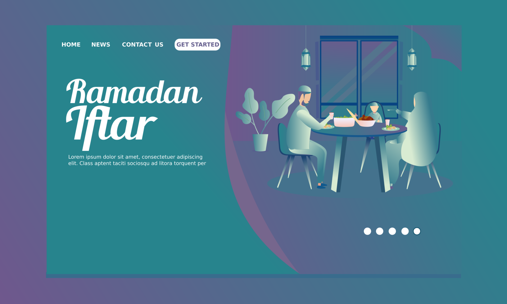 Ramadan Landing Page with Father, Mother, Son Breaking Fast vector