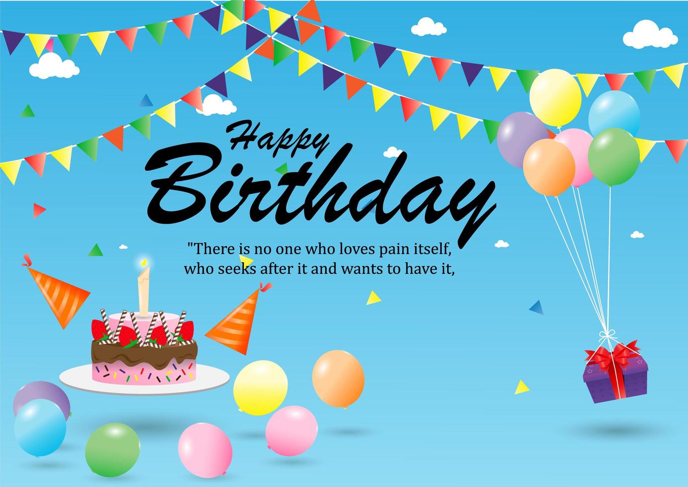 Happy birthday poster with cake, gift and decorations vector