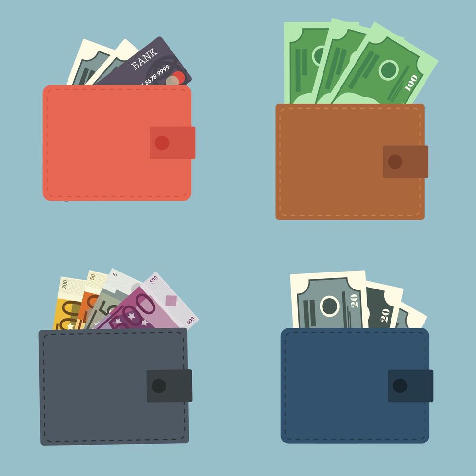 Set of four wallets with money. vector