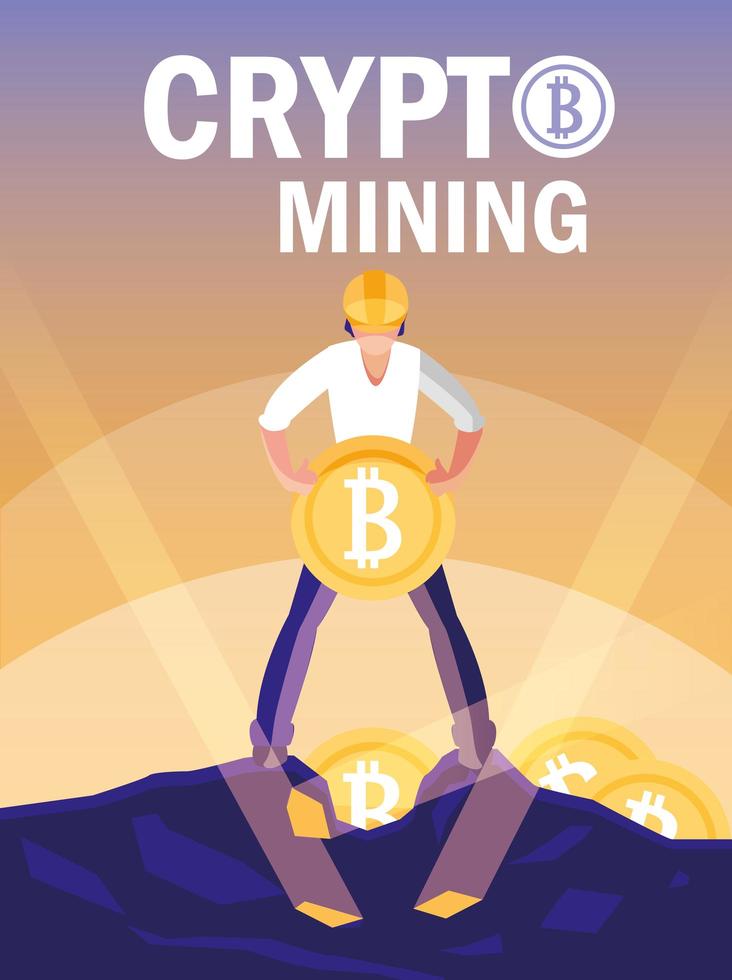 Worker crypto mining bitcoins vector