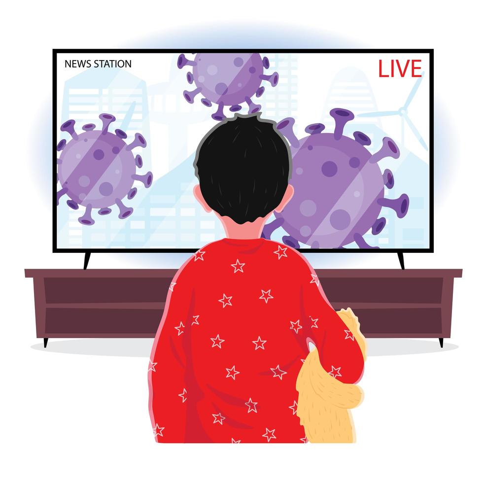 Boy watching news about covid-19 or corona virus vector